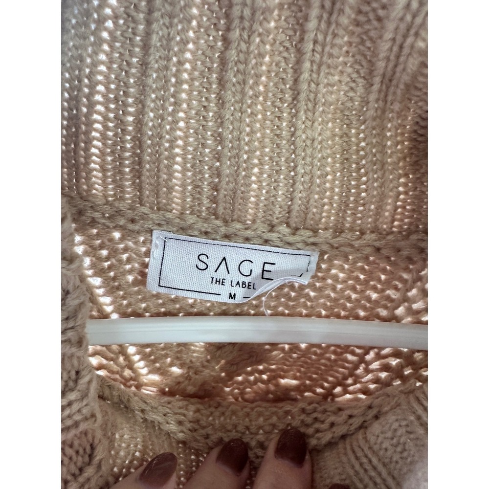 SAGE Womens Tan Knit Poncho Sweater Mock Neck Fringe Belted Cable‎ Knit M - Picture 5 of 7